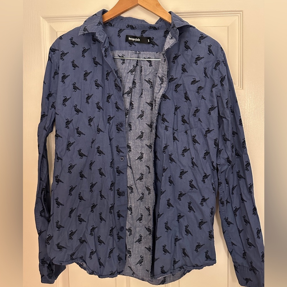 Dangerfield Blue Button-down with Embroidered Crows Wearing Hats
